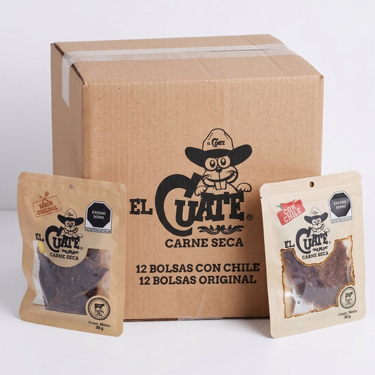 24 Paquetes de Carne seca de 30g El Cuate®- 12 Con Chile y 12 Original